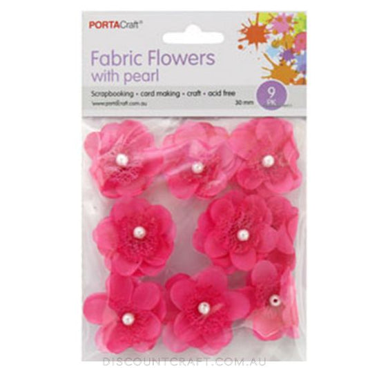 Fabric Flowers 30mm with Pearl Centre 9pk - Pink