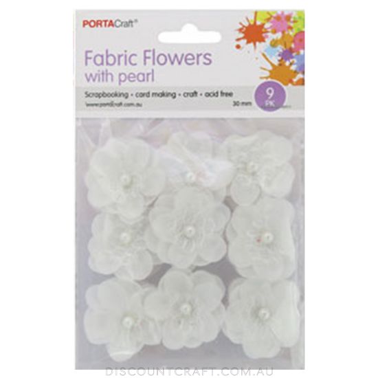 Fabric Flowers 30mm with Pearl Centre 9pk - White