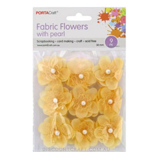 Fabric Flowers 30mm with Pearl Centre 9pk - Yellow