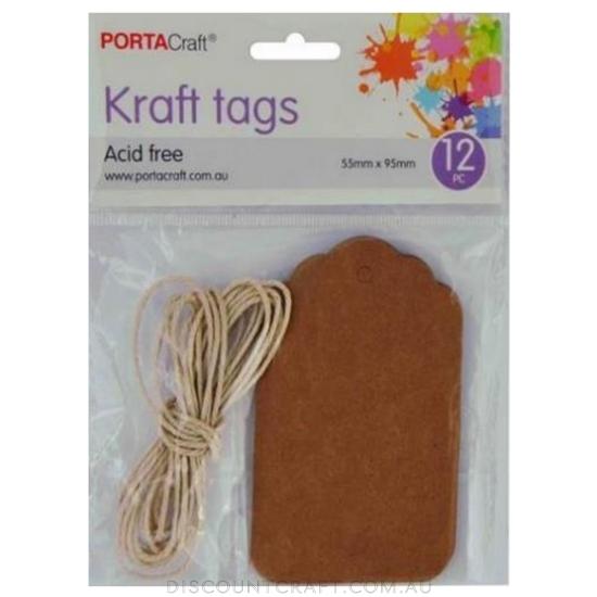 Craft Tags with String 55x95mm 12pc - Kraft