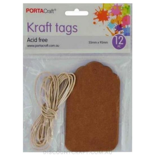 Craft Tags with String 55x95mm 12pc - Kraft