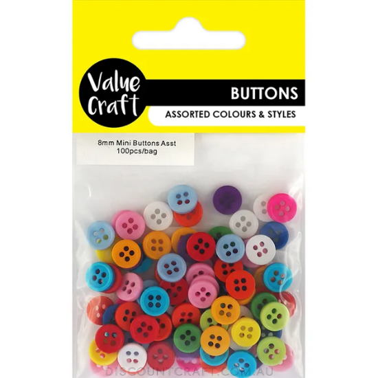 Buttons 8mm Round 100pk - Assorted Colours