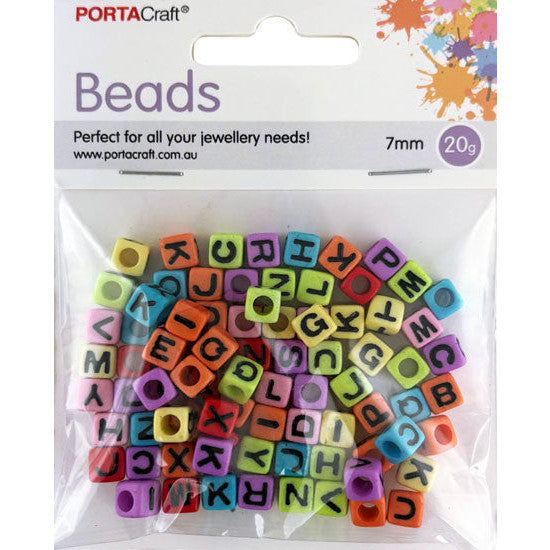 Alphabet Beads 7mm 20g Cubes Multicolour with Black Letters