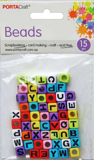Alphabet Beads 7mm 15g Cubes Multicolour with Black Letters