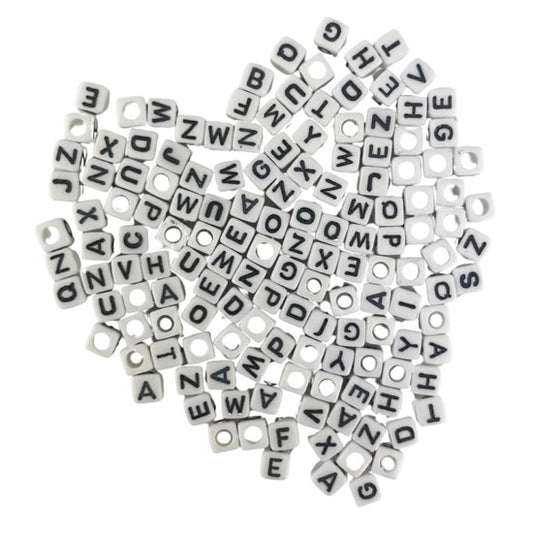 Alphabet Beads 6mm 20g Cubes White with Black Letters