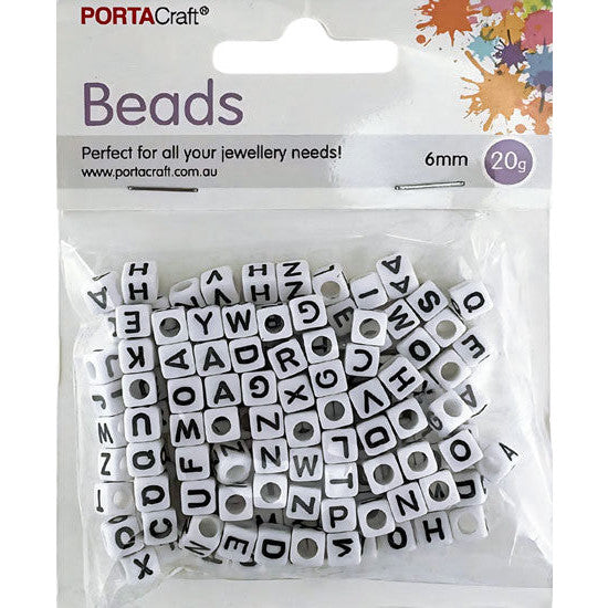 Beads Alpha 6mm 20g Cubes White w Black