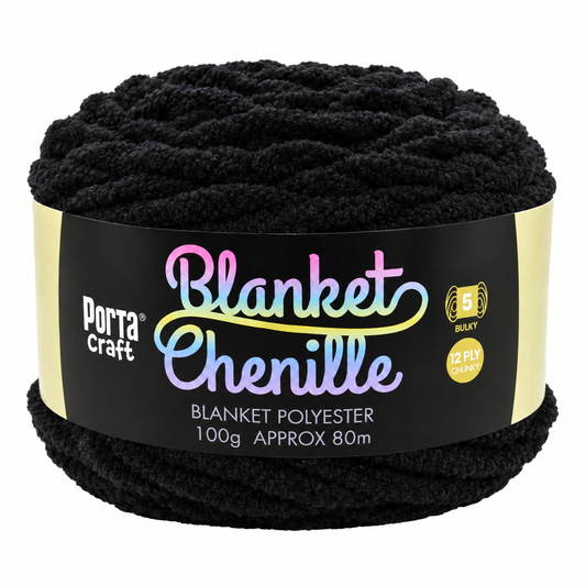 Porta Craft Chenille Blanket Yarn 100g 80m 12ply in Black