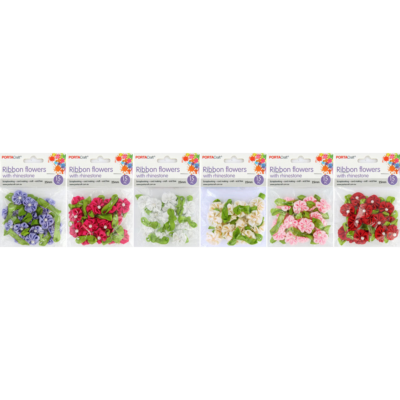 Flowers Ribbon w Pearls 25mm 15pc 6 Asst