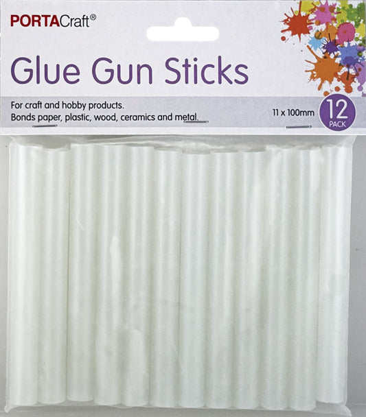 A 12-pack of PORTACraft Glue Gun Sticks, 11 x 100mm, in clear plastic packaging with a white header card featuring purple text and a colorful paint splatter graphic.