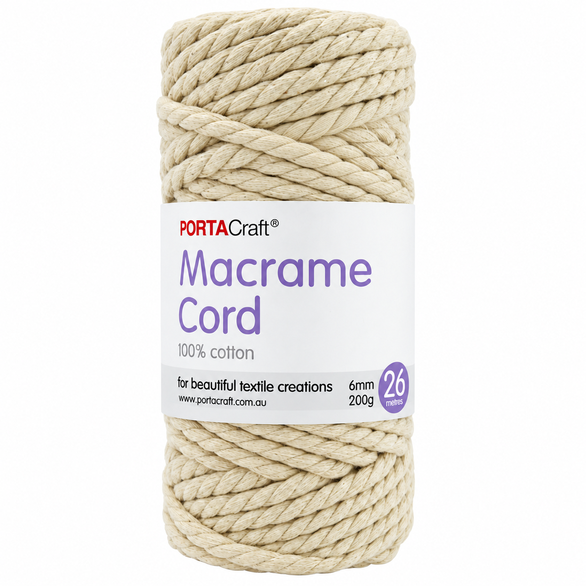 A spool of Portacraft Macrame Cord, 6mm thick, made of 100% cotton in a natural beige color, with a white paper label wrapped around the center.