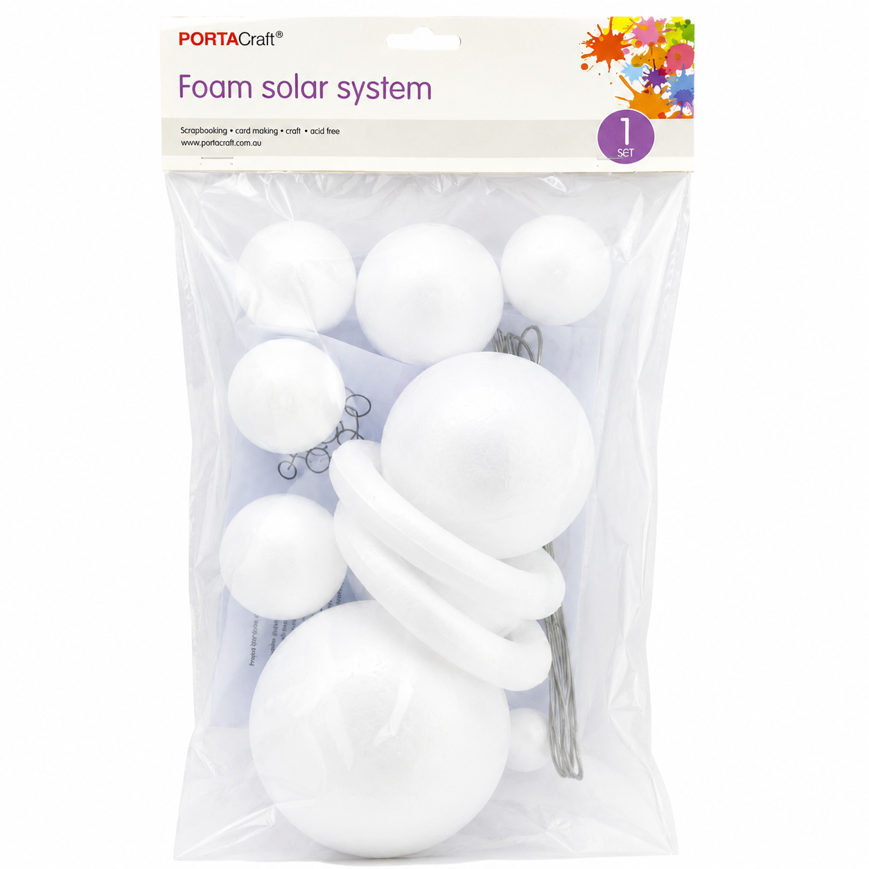 Porta Craft Foam solar system craft kit in a clear plastic bag with a white header card. The kit contains multiple white styrofoam spheres of different sizes and a few small gray wire components.