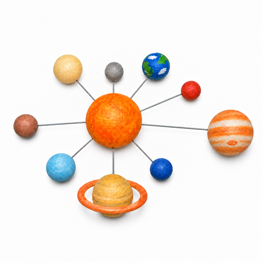 Painted solar system model featuring a textured orange sun at the centre, connected to painted planets including Earth, Mars, Jupiter, Saturn, and others. Porta Craft Set