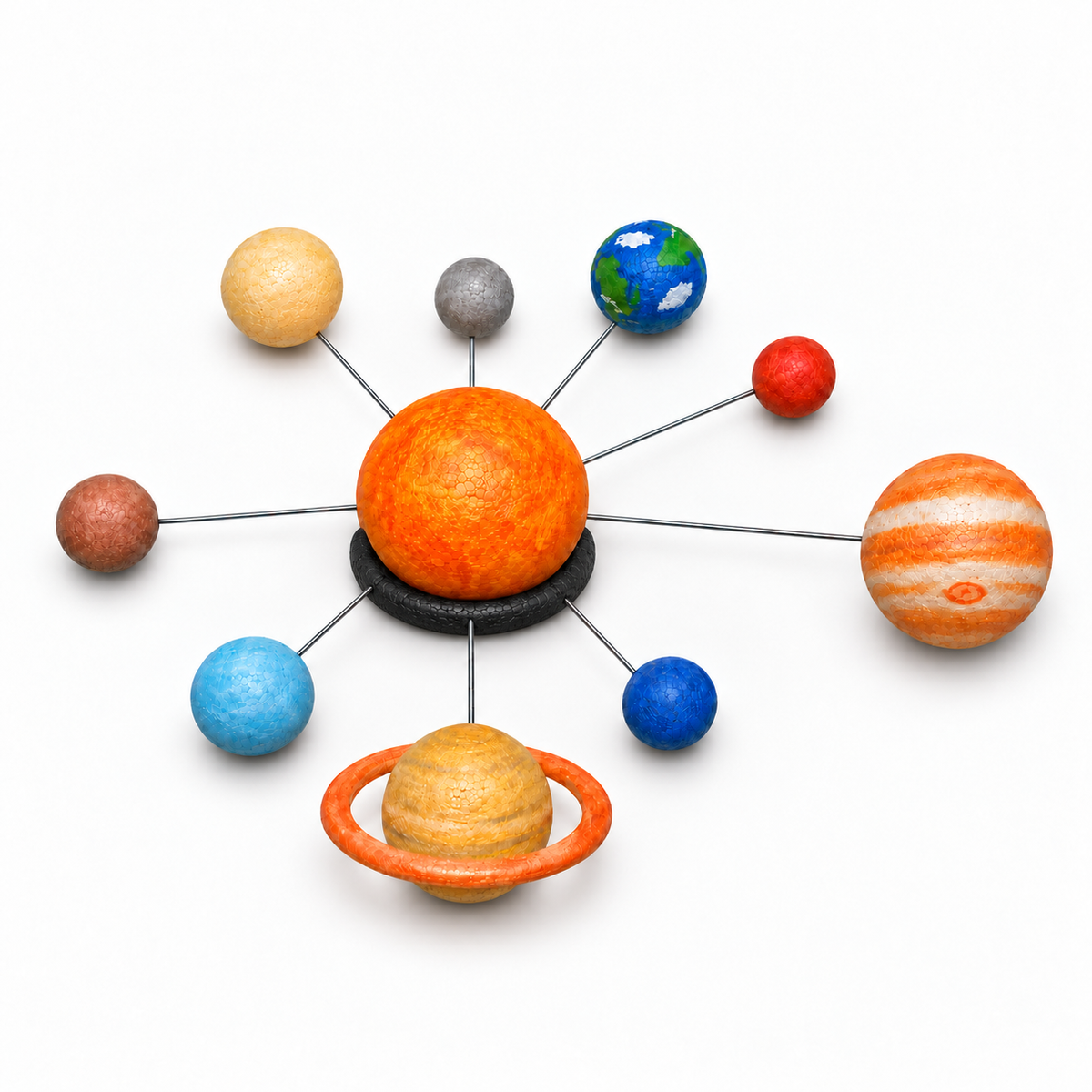 Porta Craft solar system poly foam model with painted planets and sun, sitting on the black ring base