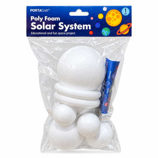 Porta Craft Foam solar system craft kit in a clear plastic bag with a white header card. The kit contains multiple white styrofoam spheres of different sizes and a few small gray wire components.