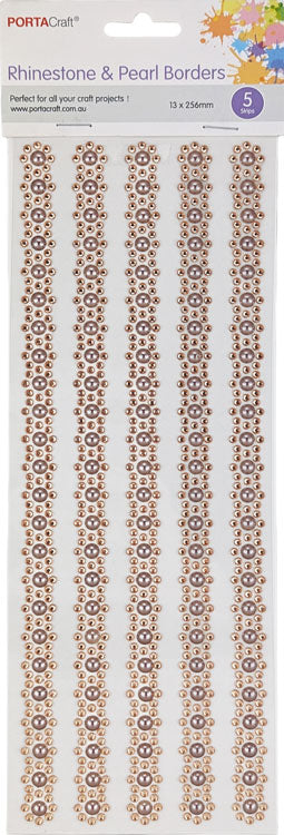 Rhinestone & Pearl Borders 13mm 26cm 5 Strips - Rose Gold
