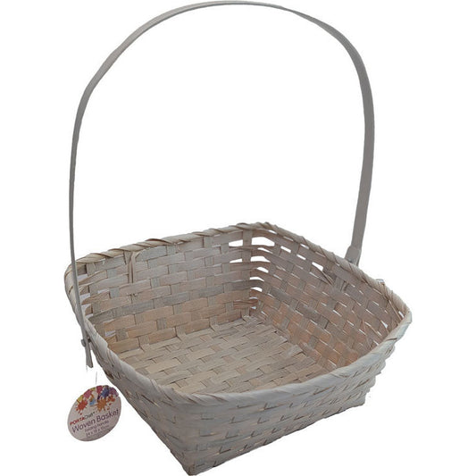 Bamboo Basket with Square Base & Folding Handle - Washed White