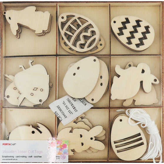Laser Cut Wooden Easter Tags with String - 27pk