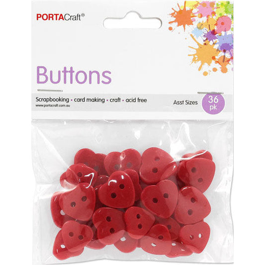 Buttons Hearts Asst Sizes 36pk Red