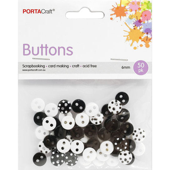 Buttons Round  8mm 60pk Polka Dots Black & White
