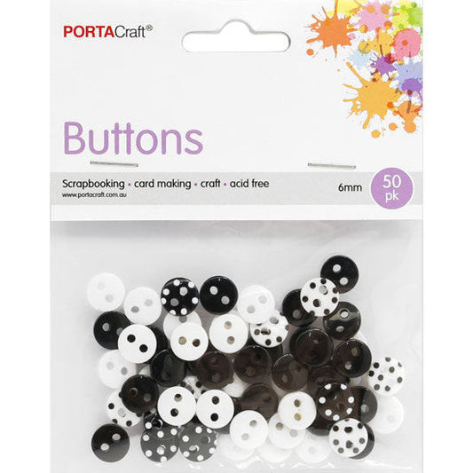Buttons Round  8mm 60pk Polka Dots Black & White