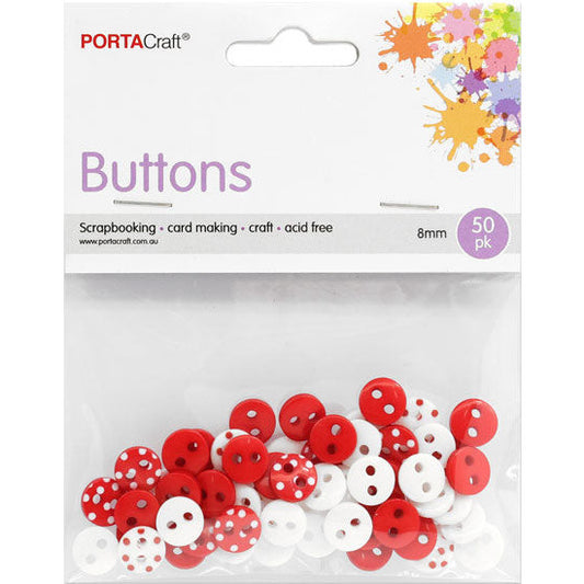 Buttons Round  8mm 60pk Polka Dots Red & White