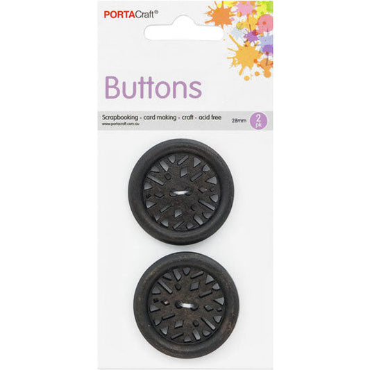Buttons Round 28mm 2pk Wooden Black Carved