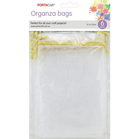 Organza Bags  95x150mm 6pk  03 White w Gold