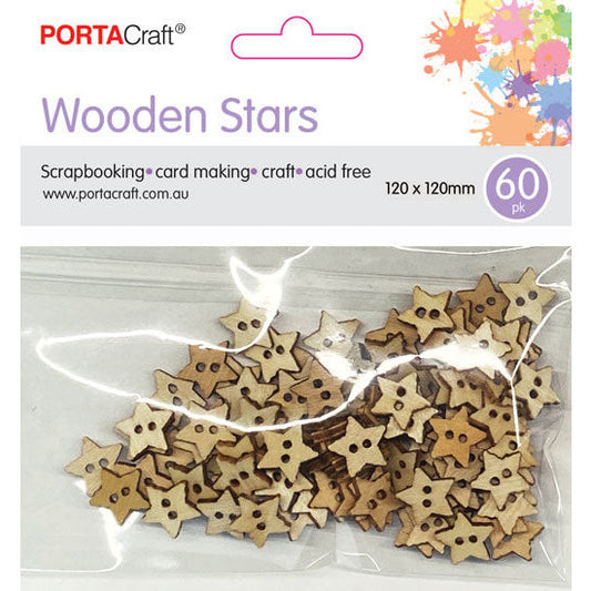 Buttons Stars 12x12mm 60pk Wooden