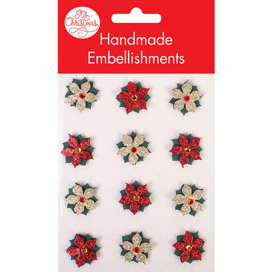 Glitter Poinsettia Christmas Embellishments 12pk