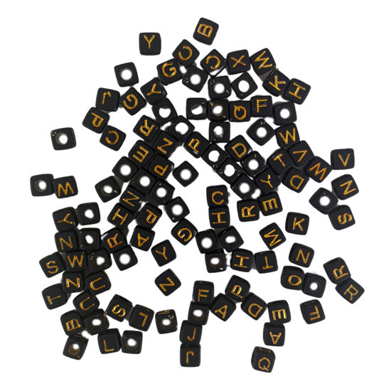 Alphabet Beads 8mm 20g Cubes - Black with Golden Lettering