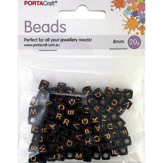 Alphabet Beads 8mm 20g Cubes - Black with Golden Lettering