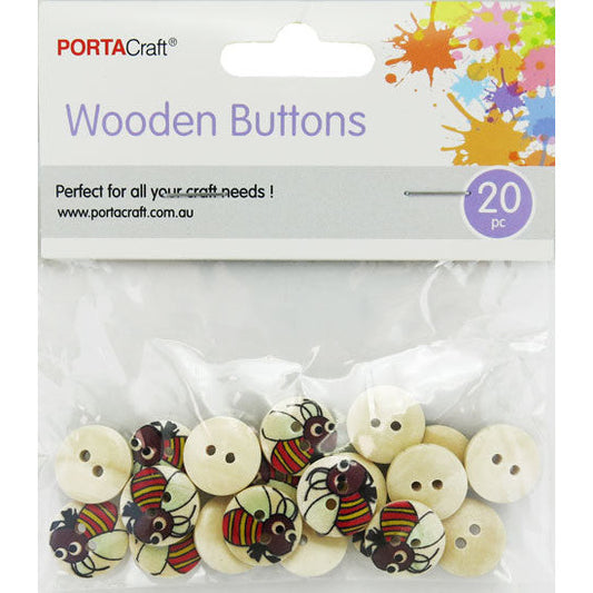 Buttons Round 15mm 20pk Wooden Bee