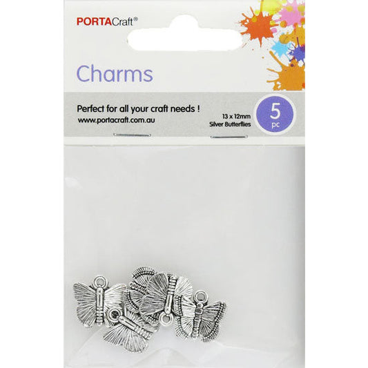 Charms Metal 5pc 13x12mm Silver Butterflies