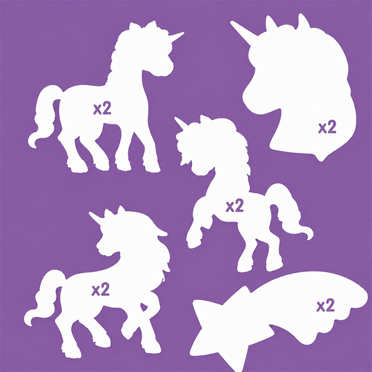 Unicorn themed card shapes 10 pack for magical crafts, kids party activities, handmade cards and fairy tale projects