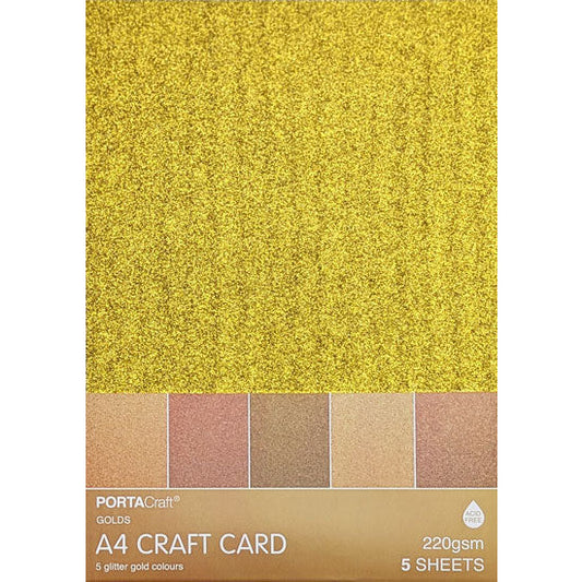 Glitter Card A4 220gsm 5pk Golds