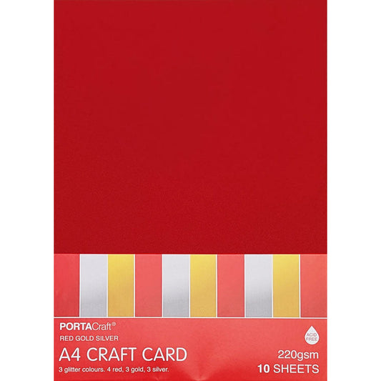 Glitter Card A4 220gsm 10pk Silver Gold Red