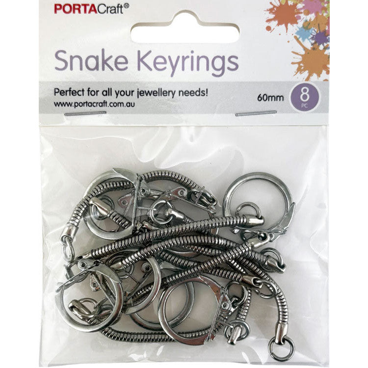 Keyrings w Snake Chain 60mm 8pk Silvered