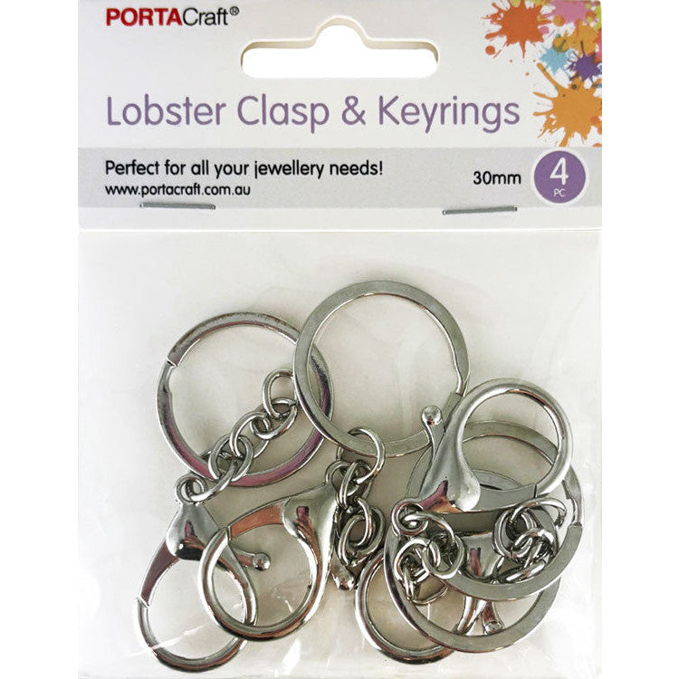 Keyrings w Lobster Clasp 30x20mm 4pk Silvered