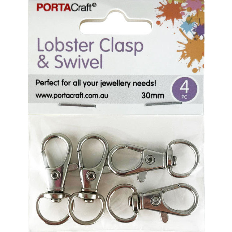 Lobster Clasps w Swivel 30mm 4pk Silvered