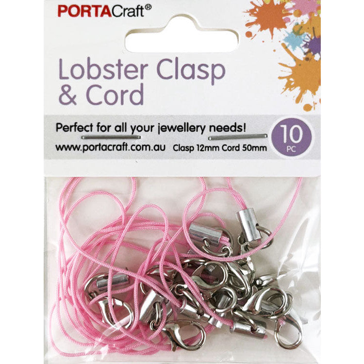 Loop Cord 50mm w Lobster Clasps 12mm 10pk Pink