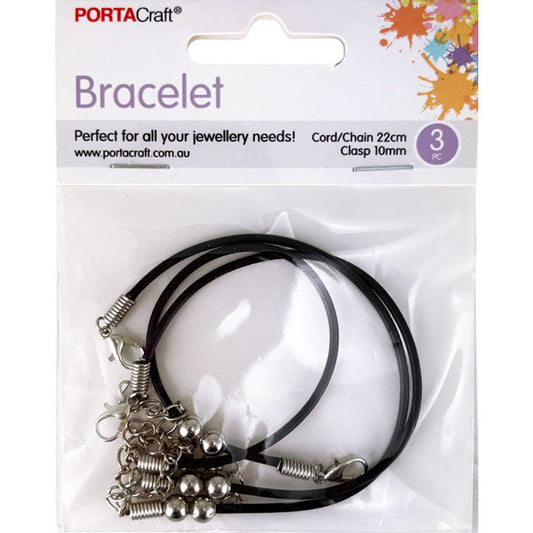 Bracelet PU Cord 22cm w Lobster 10mm 3pk Black
