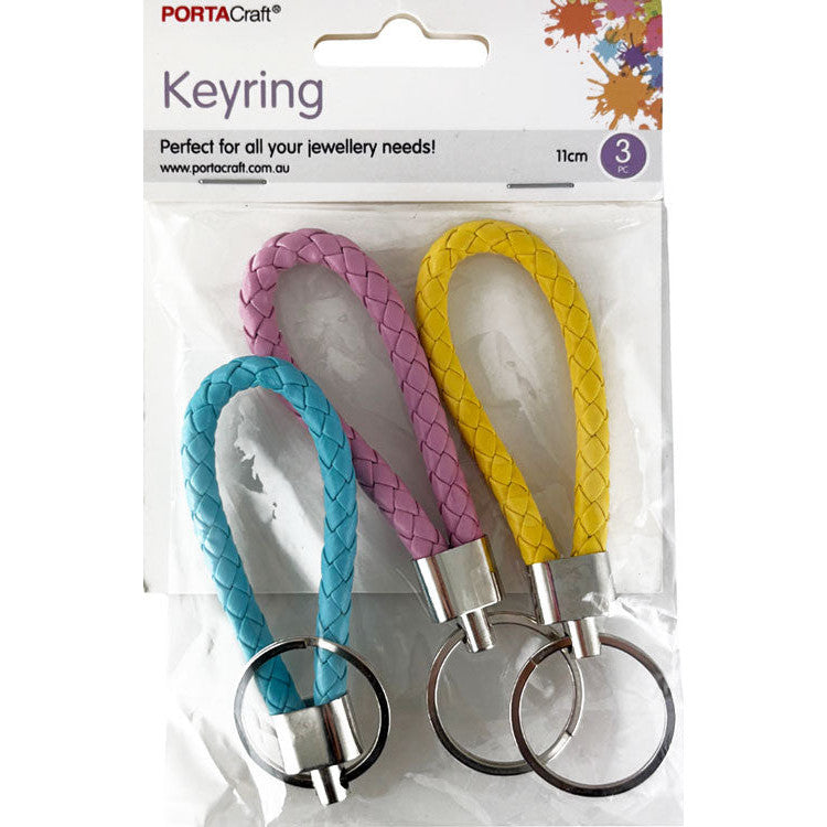 Keyring Faux Leather 11cm 3pk Blue Pink Yellow