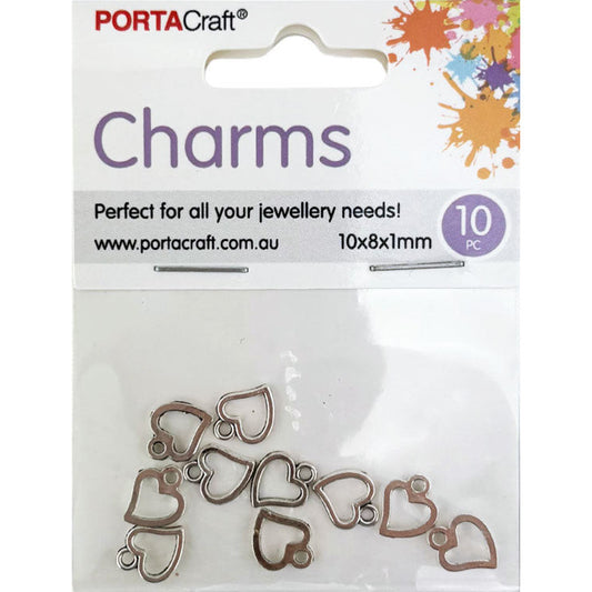 Charms Metal 10pc Hearts 10x8x1mm Silvered