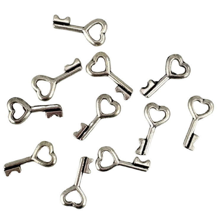 Heart Keys Metal Charms in Silver Tone 10pc