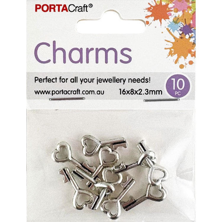 Charms Metal 10pc Heart Keys 16x8x2.3mm Silvered