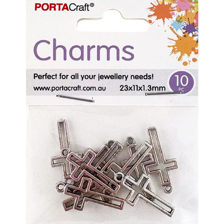 Charms Metal 10pc Crosses 23x11x1.3mm Silvered