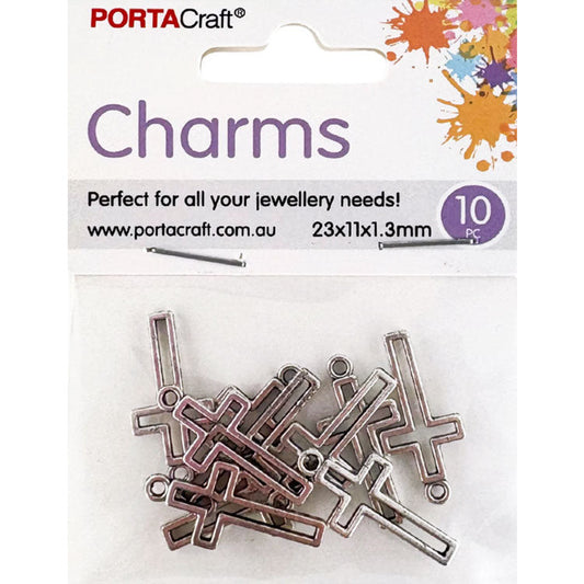 Charms Metal 10pc Crosses 23x11x1.3mm Silvered