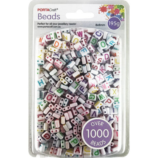 Alphabet Beads 8mm 195g White Squares - Multicolour Letters