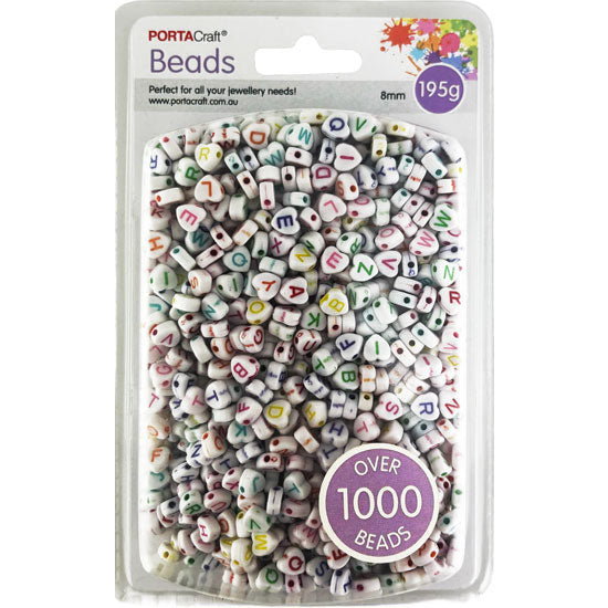 Alphabet Beads 8mm 195g White Hearts - Multicolour Letters