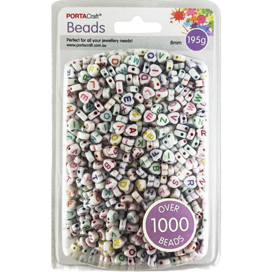 Alphabet Beads 8mm 195g White Hearts - Multicolour Letters